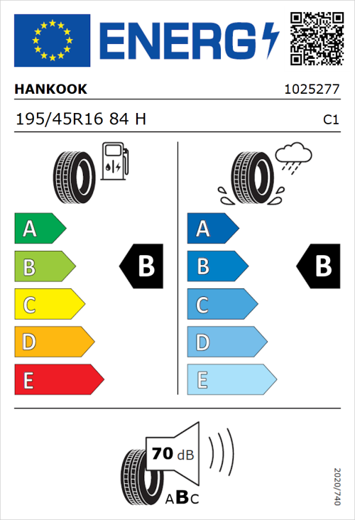Tyre Label for Hankook Ventus Prime 3 K125 195/45R16 84H
