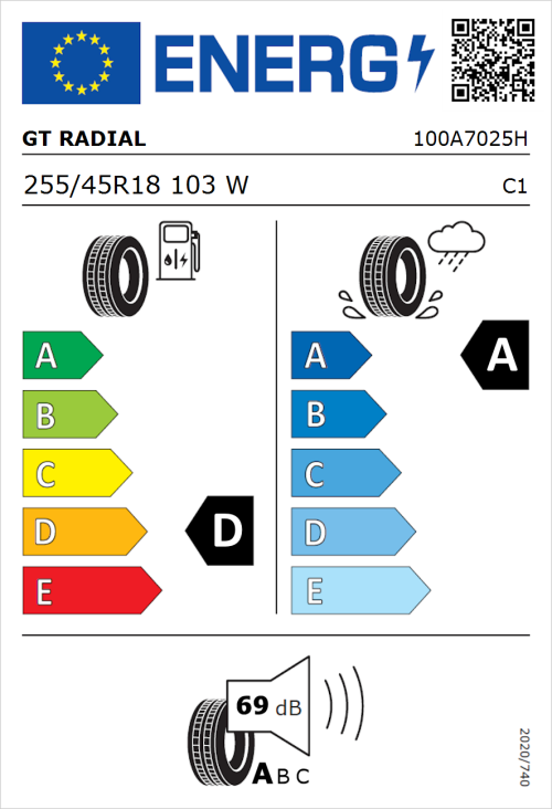Tyre Label for GT Radial SportActive 2 255/45R18 103W