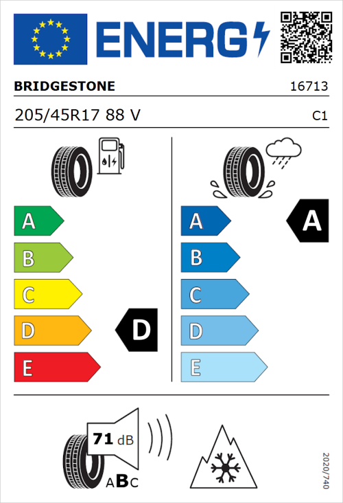 Tyre Label for Bridgestone Blizzak LM005 (Driveguard) 205/45R17 88V