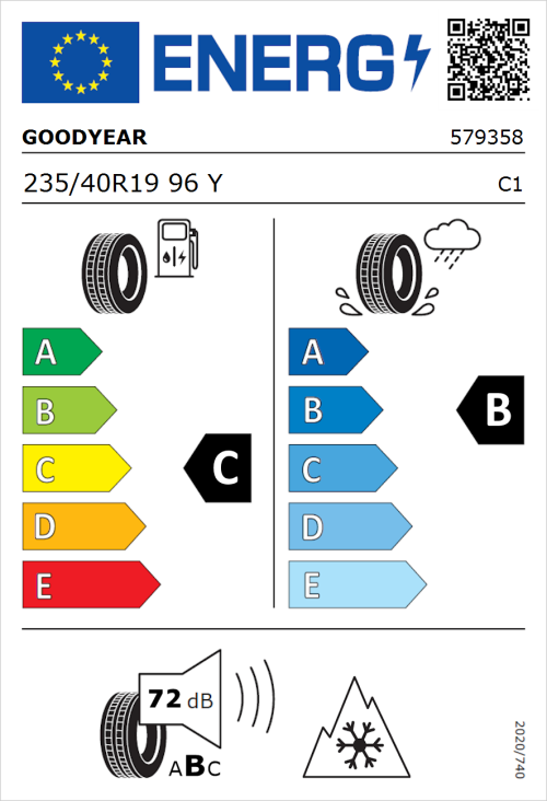Tyre Label for Goodyear Vector 4Seasons Gen-3 235/40R19 96Y
