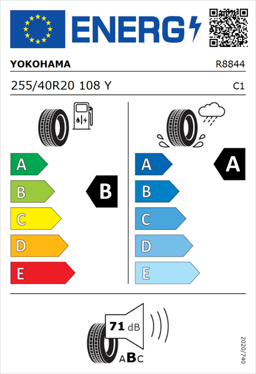 Tyre Label for Yokohama Advan Sport 255/40R20 108Y