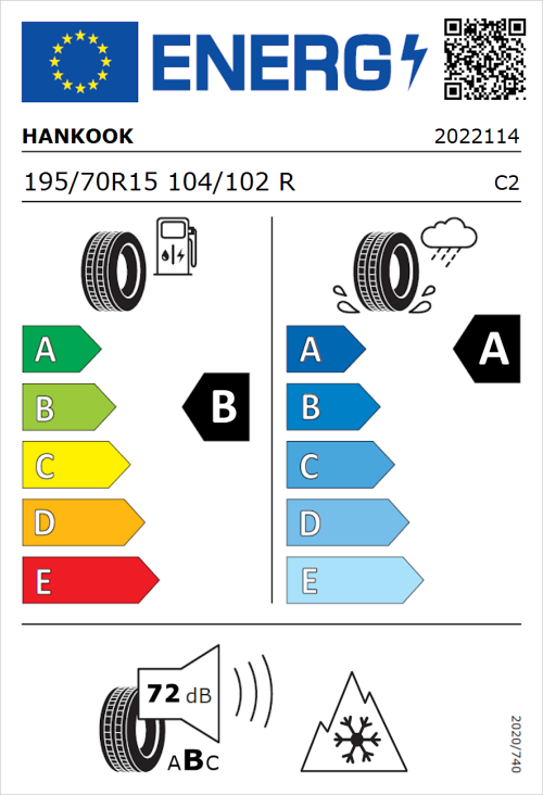 Tyre Label for Hankook Vantra Transit (RA58) 195/70R15 104/102R