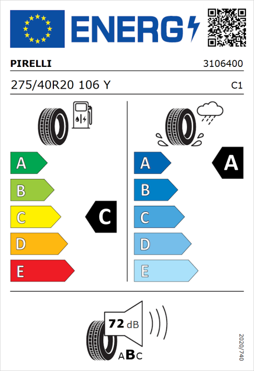 Tyre Label for Pirelli P Zero (PZ4) Sport Car 275/40R20 106Y