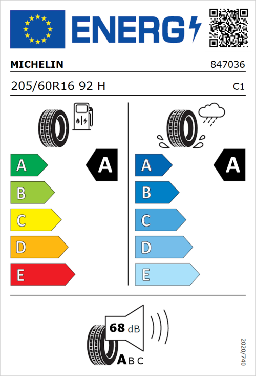Tyre Label for Michelin Primacy 5 Energy 205/60R16 92H