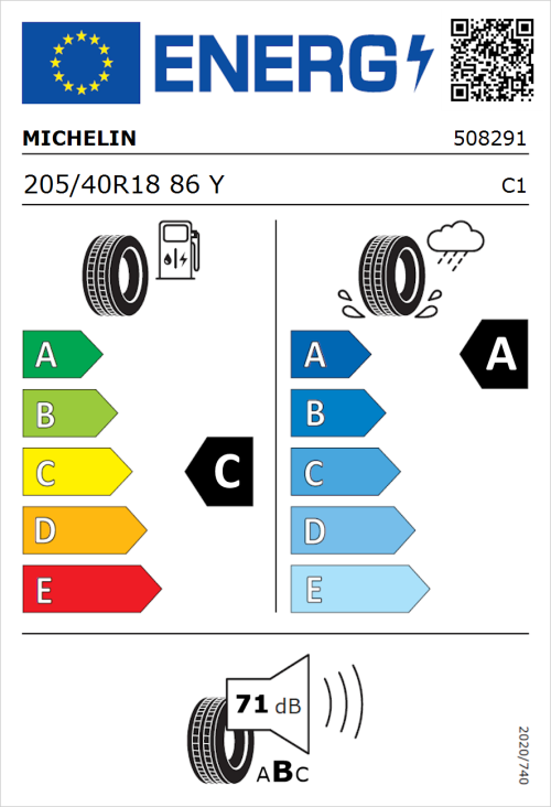 Tyre Label for Michelin Pilot Sport 4 205/40R18 86Y